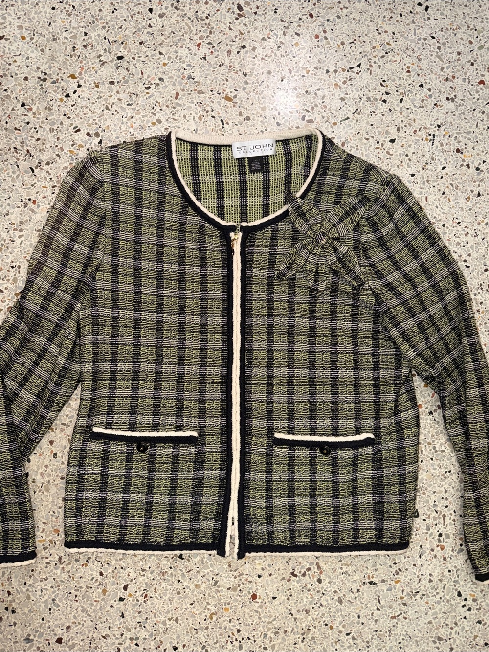 St John Collection green navy plaid zip front blazer jacket 12